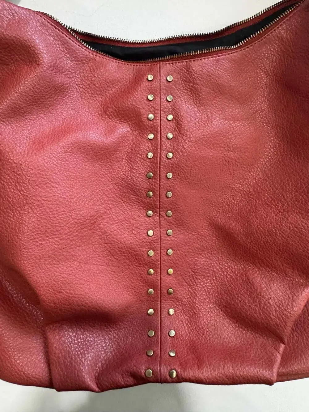 Red Slouchy Hobo Shoulder Bag with Studded Detail and Braided Handle